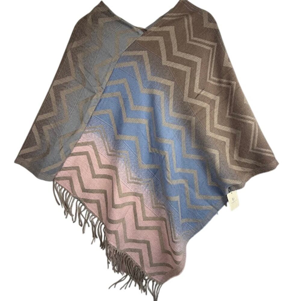 Fadivo NY Chevron Poncho Wrap Shawl One Size Blue Pink Fringe NWT $60 MSRP